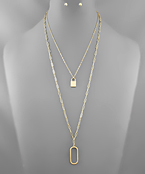  Oval & Lock Charm Necklace Set