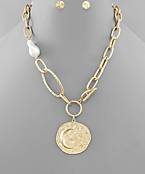  Coin & Pearl Chain Toggle Necklace