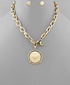  Heart Disk & Stone Chain Necklace