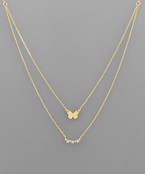  CZ Bar & Butterfly 2 Layer Necklace