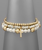  Pearl & Cross Charm Metal Ball Bracelet Set