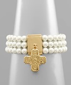  3 Row Pearl with Cross Charm Bracelet