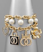  Pearl &  Charm 2 Row Bracelet