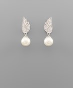  CZ Feather & Pearl Dangle Earrings