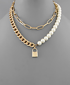  Lock Charm Pearl & Chain Necklace Set